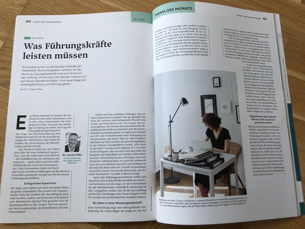 In der letzten Ausgabe der Fachzeitschrift @DW_aktuell für dieses Jahr beschäftigt sich mein Kollege Carsten Thies mit neuen Wegen bei Arbeitsgestaltung und Führung in der #Wohnungswirtschaft.
<a href="/haufeimmobilien/">haufeimmobilien</a> <a href="/haufe/">Haufe</a>