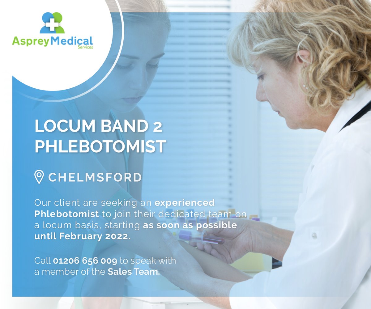 AspreyMedical's tweet photo. 📢 NEW JOB ALERT 📢

Our client are seeking an experienced Phlebotomist to join their dedicated team on a locum basis, starting as soon as possible until February 2022. 

#phlebotomist #plebotomistjobs #medicalrecruitment #healthcarerecruitment #nowhiring #pharmacist https://t.co/8vSkWdiB2h