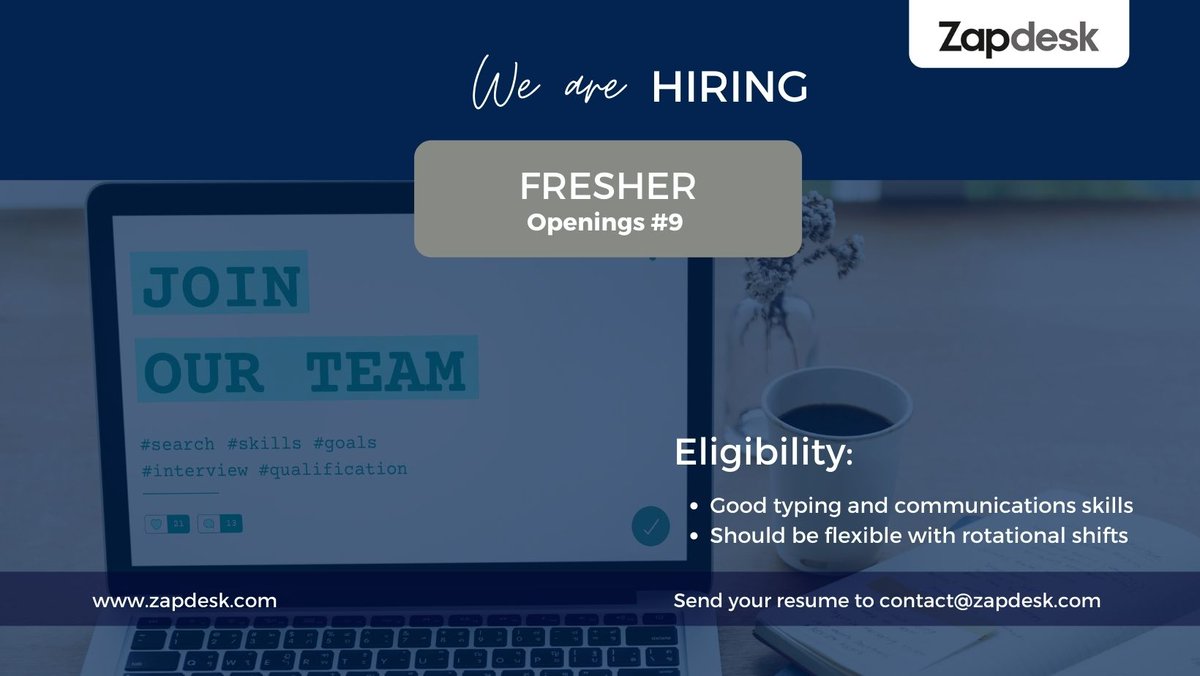 Zapdesksolution's tweet photo. Zapdesk is looking for freshers! Those who are enthusiastic, ready to learn and put in the efforts to build their careers. If you're the one, send your resume to contact@zapdesk.com #jobsearch #titlesearchers #hiring #freahers #recruitment #nowhiring #applynow #Zapdesk https://t.co/nXFh2QAOpf