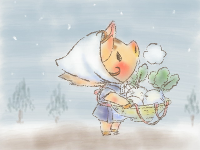 1girl solo basket head scarf snow animal ears mask  illustration images