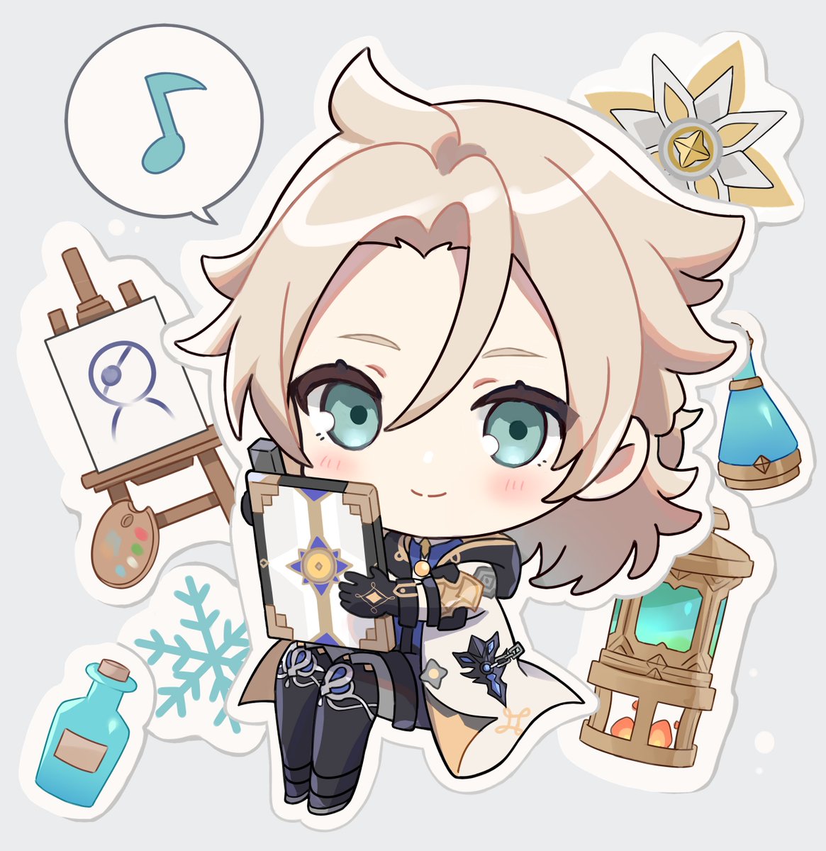 albedo (genshin impact) male focus 1boy chibi musical note solo gloves spoken musical note  illustration images