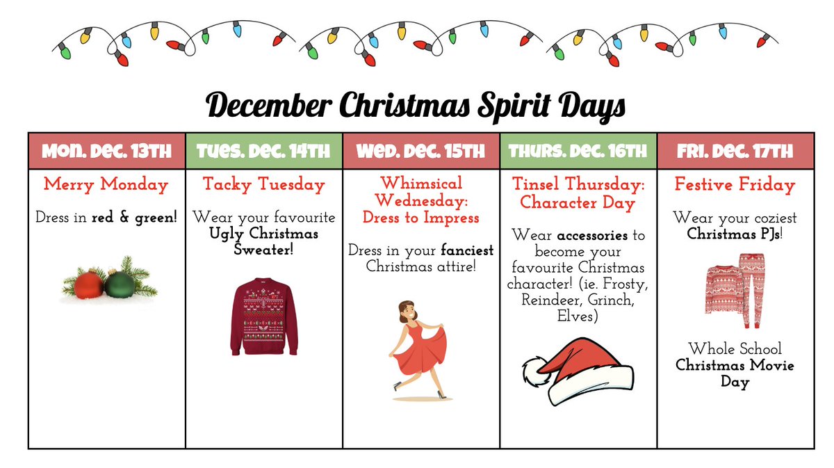 SMCDSB_SCH's tweet photo. Next week is our SCH Christmas Spirit Week! Check out all the awesome Spirit Days we have planned! https://t.co/YoPer8NjM0