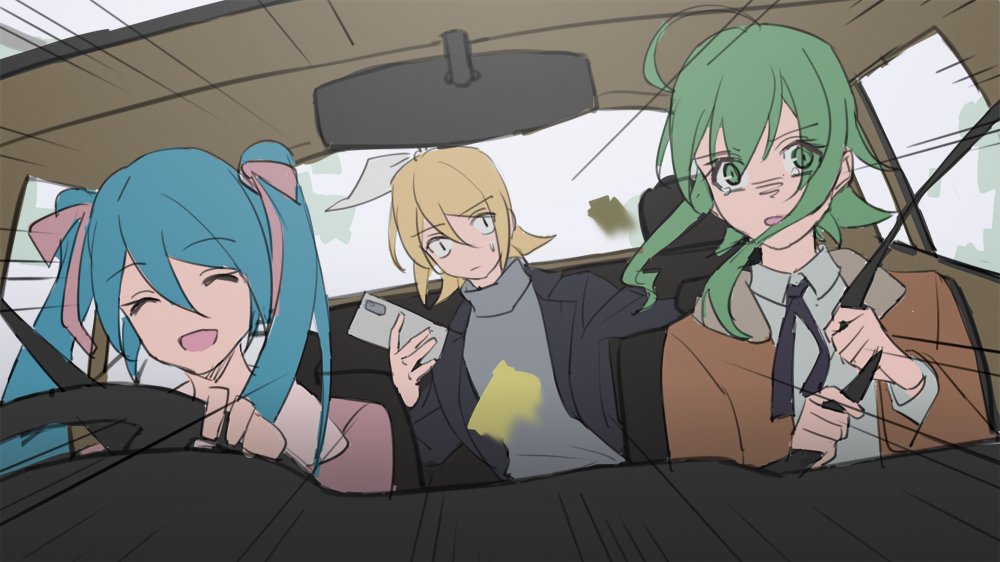 gumi ,hatsune miku ,kagamine rin multiple girls seatbelt 3girls green hair driving blonde hair car interior  illustration images