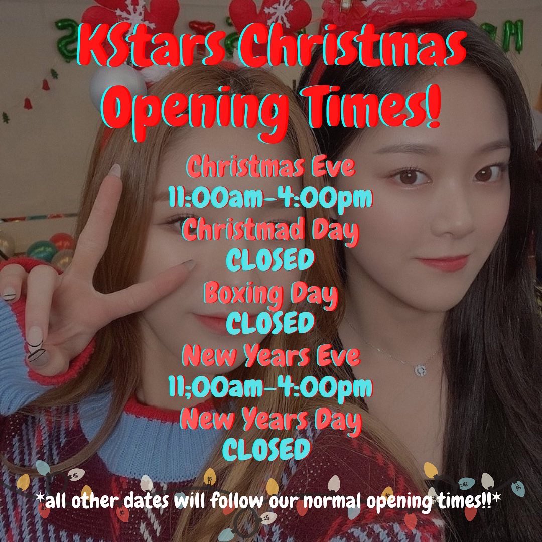 KStars722's tweet image. Merry Christmas from KStars! 🎄

Plan how to spend your Christmas Money in advance now we have announced our Christmas Opening Times !! We’re excited to have a festive time in store with you all !! ❄️☃️🎁

#kpop #KStars #LoveKStars