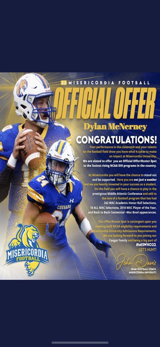 dylan_mcnerney's tweet photo. Blessed to receive an offer from Misericordia University! #MisWHO22 @damehova9  @Coach_Mershman @CoachCottle @Coach_McCrann @CoachBWill1996 @coachporterWR @MisericordiaHFC https://t.co/RB02BovHue