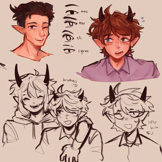 eyes //
[oc] demons that i havent let go of since i was 13 &lt;3 maz, felix n eli !! 2nd pic is from last month lmao 