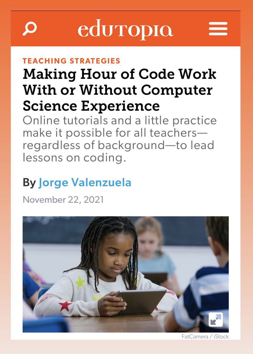 JorgeDoesPBL's tweet photo. Happy #CSedWeek—the HOUR OF CODE is here!

To prepare, [READ] ‘Making Hour of Code Work With or Without Computer Science Experience’ via @Edutopia 🧡

SOs to @CSEdWeek @CSforALL @hadip &amp; @codeorg 

Access here: https://t.co/avfoSduJZk

#jorgedoespbl #teaching #HOC22 #HOC #cs4all https://t.co/5haWC50JSH