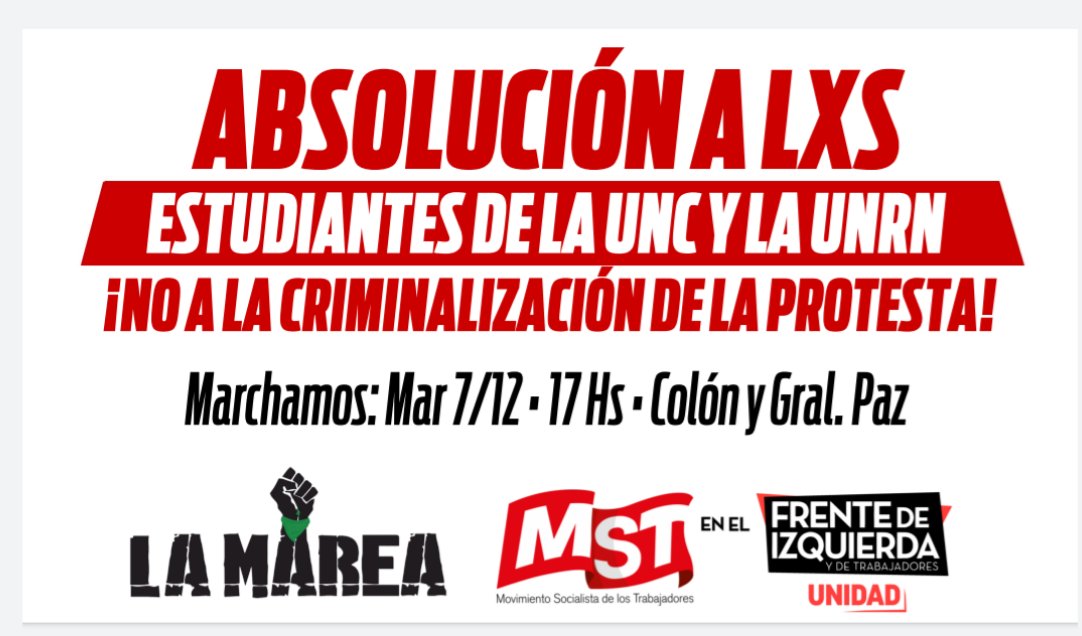 alterdocente's tweet photo. 🗣️ Desde Alternativa Docente exigimos la absolución de.mes estudiantes de la UNC y la UNRN!
✊ Basta de criminalizar la protesta!
➕ Si querés saber más 👇
https://t.co/DhBCIQeywT https://t.co/h0lC28dYeq
