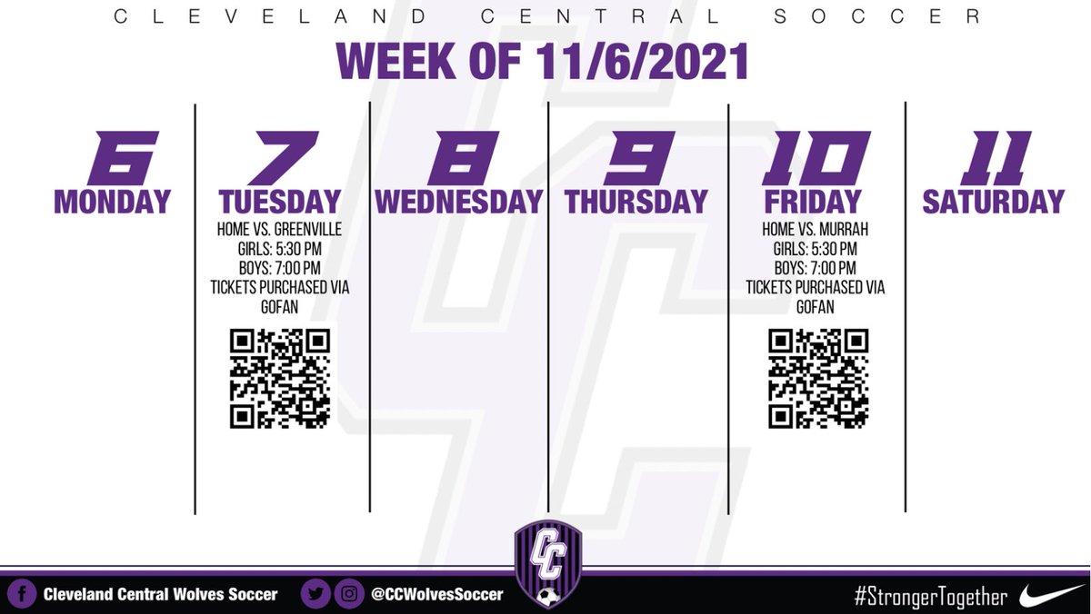 CCGirlsSoccer's tweet photo. This week for Cleveland Central Soccer! Come out and support us as we open district play on Tuesday and begin a 4 game home stand! 

🏡 vs Greenville   
🏡 vs Murrah 

🟣Girls: 5:30 PM 
⚫️Boys: 7 PM  

#StrongerTogethercleve https://t.co/Fv8EZkYZZa