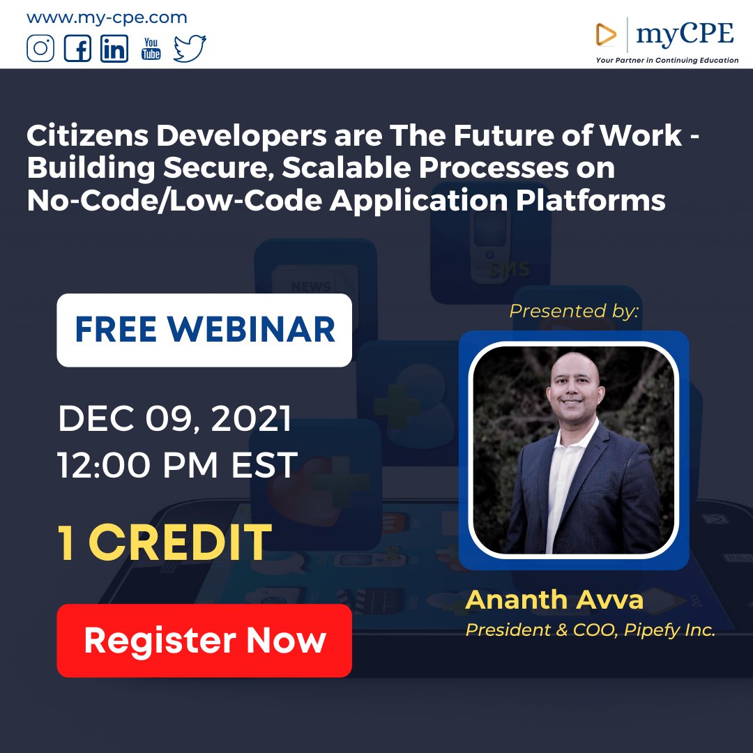 myCPE's tweet image. Join Ananth Avva for a free webinar on Dec 09, where he will cover:
-why citizen development is crucial and more topics.

Register for 1 CPE webinar: bit.ly/3IhvUm5

#citizendeveloper #citizendevelopment #nocodeappdevelopment #lowcodeplatform