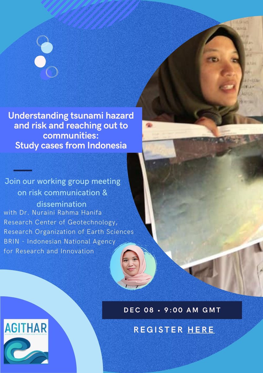 AGITHAR (@agithar1) on Twitter photo Join our Dissemination WG this Wednesday at 09:00 AM (GMT) for a discussion with Dr Hanifa on "Understanding tsunami hazard and risk and reaching out to communities: Study cases from Indonesia". You can register here: bit.ly/WG6AgitharMont…
#tsunamihazard <a href="/Hanifa27842431/">Rahma Hanifa</a> Join our Dissemination WG this Wednesday at 09:00 AM (GMT) for a discussion with Dr Hanifa on "Understanding tsunami hazard and risk and reaching out to communities: Study cases from Indonesia". You can register here: bit.ly/WG6AgitharMont…
#tsunamihazard <a href="/Hanifa27842431/">Rahma Hanifa</a>