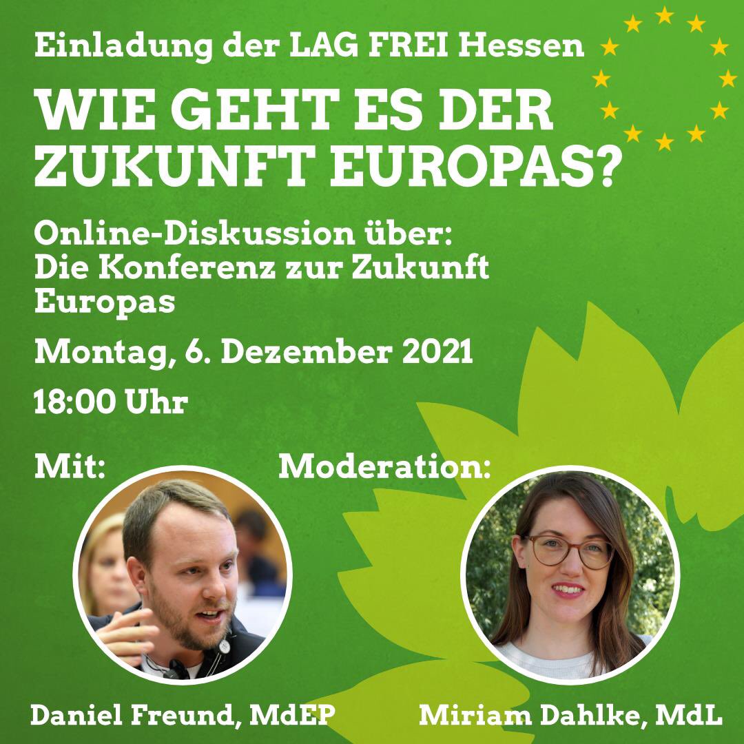 Freue mich auf die spannende Diskussion heute Abend mit <a href="/miriam_dahlke/">Miriam Dahlke</a> und <a href="/daniel_freund/">Daniel Freund</a> zum Thema: Die Konferenz zur Zukunft Europas! Um 18 Uhr geht es los, seid dabei: eu01web.zoom.us/j/82627517870 #europa <a href="/gruenehessen/">Die Grünen Hessen</a>