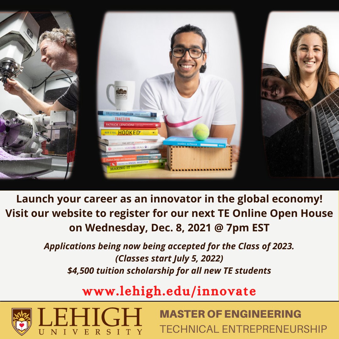 ProgramLehigh's tweet image. Sign up for the TE Online Open House to learn how you can earn your M.Eng. in Technical Entrepreneurship at Lehigh University in just 11 months with our 30-credit program! Click here to register:  lnkd.in/gMt9kMfW

#entrpreneurship #makers #innovation #highereducation