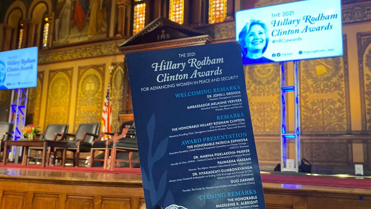 THREAD: Today, @giwps is celebrating the 2021 #HRCawards @Georgetown. @HillaryClinton will honor 5 women trailblazers @PEspinosaC, @vanyaradzayi, @PalwashaHasan, @MarinaPisklako1 & Guo Jianmei. Follow along here for coverage or tune in from 11AM ET: Facebook.com/GIWPS.