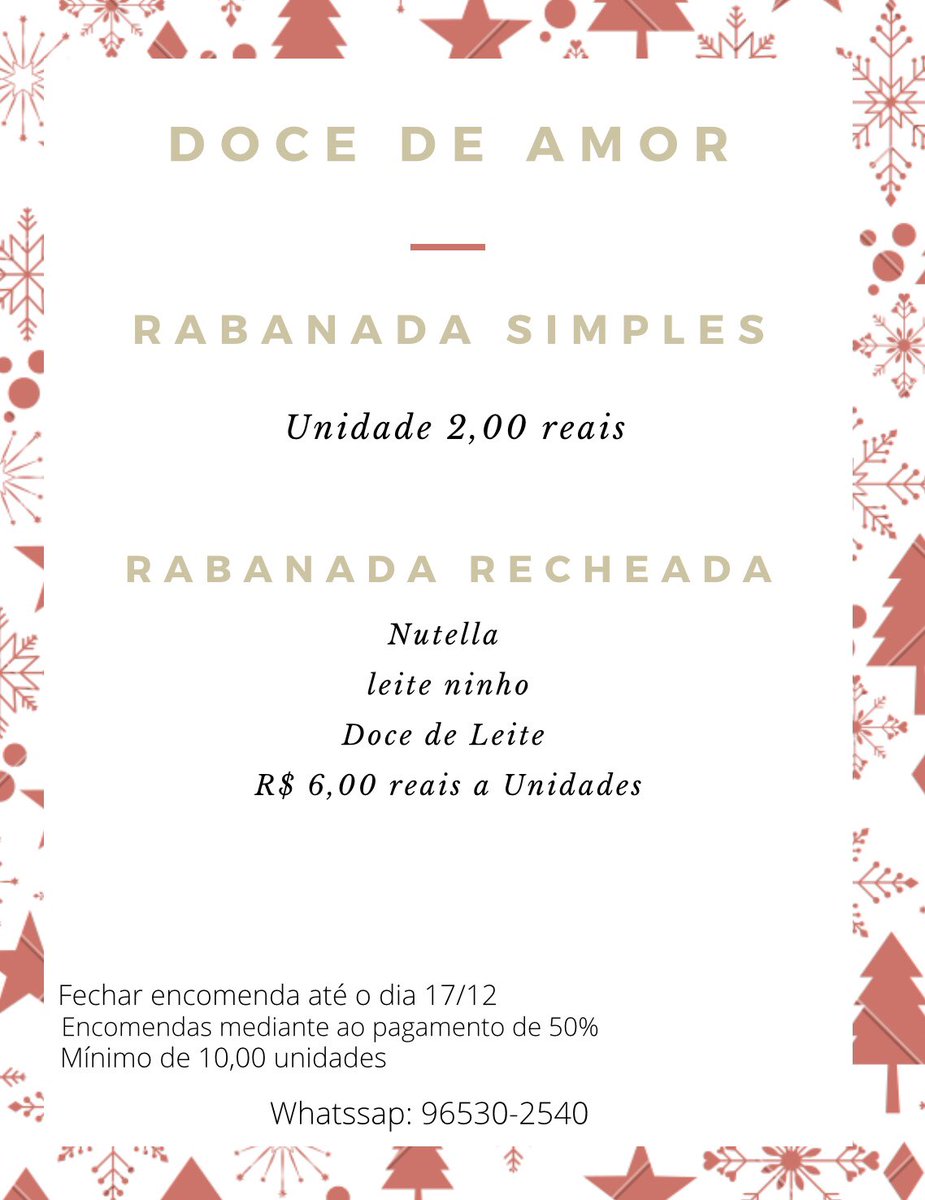 Mrocha_321's tweet photo. 🎄RABANADA RECHEADA🎄

SABORES:
*Nutella
*Ninho
*Doce de Leite 

Encomendas até o dia 17/12
Encomendas mediante ao pagamento de 50%
Whatsaap: 96530-2540

*Somente retirada* https://t.co/svsjEpILAY