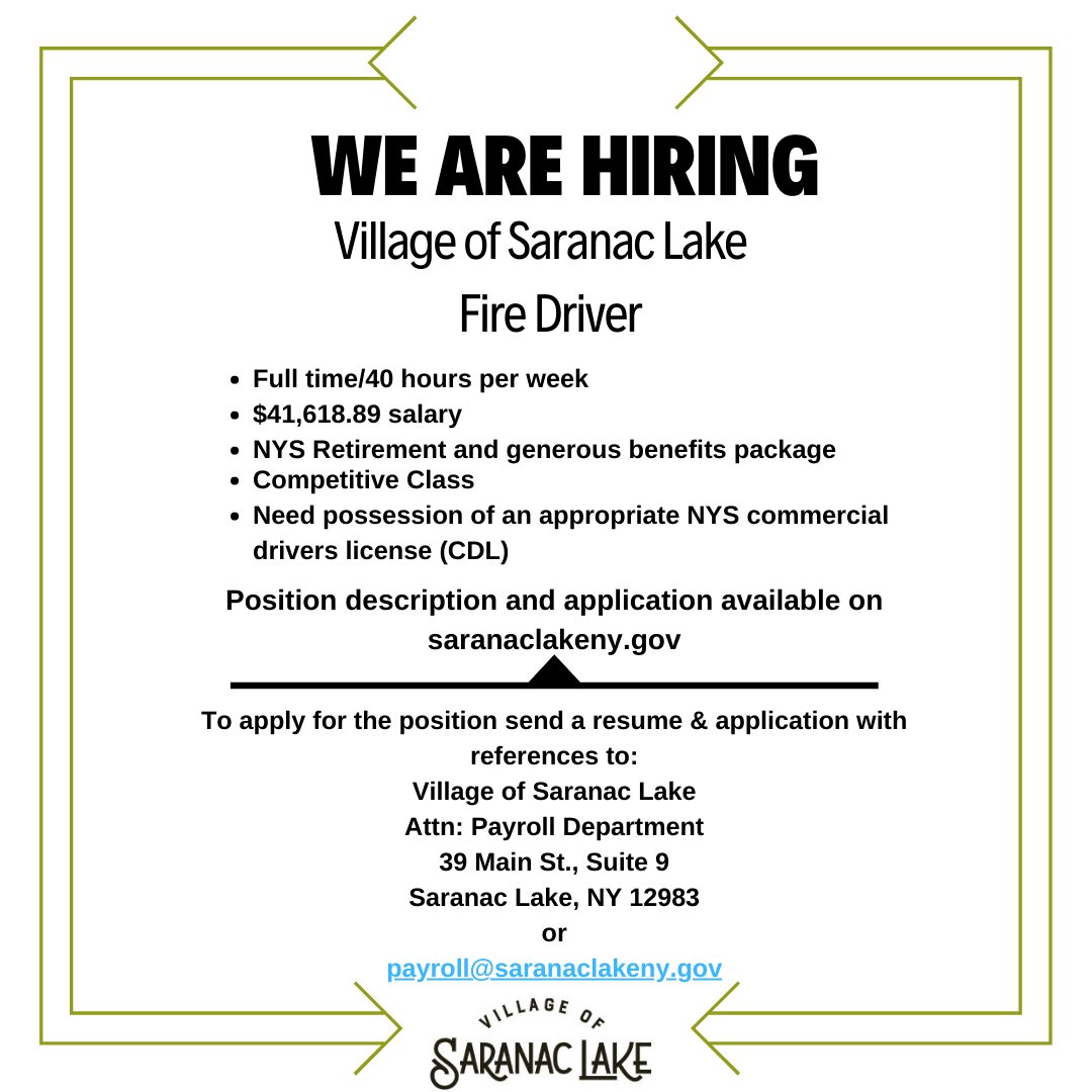 saranaclakegov's tweet photo. The Village is hiring for several open positions. Get into the NYS retirement system, work on a dedicated team, and earn competitive wages. For more information and an application, visit the Village website https://t.co/tD0HTBN0sp https://t.co/tEuWse5D8V