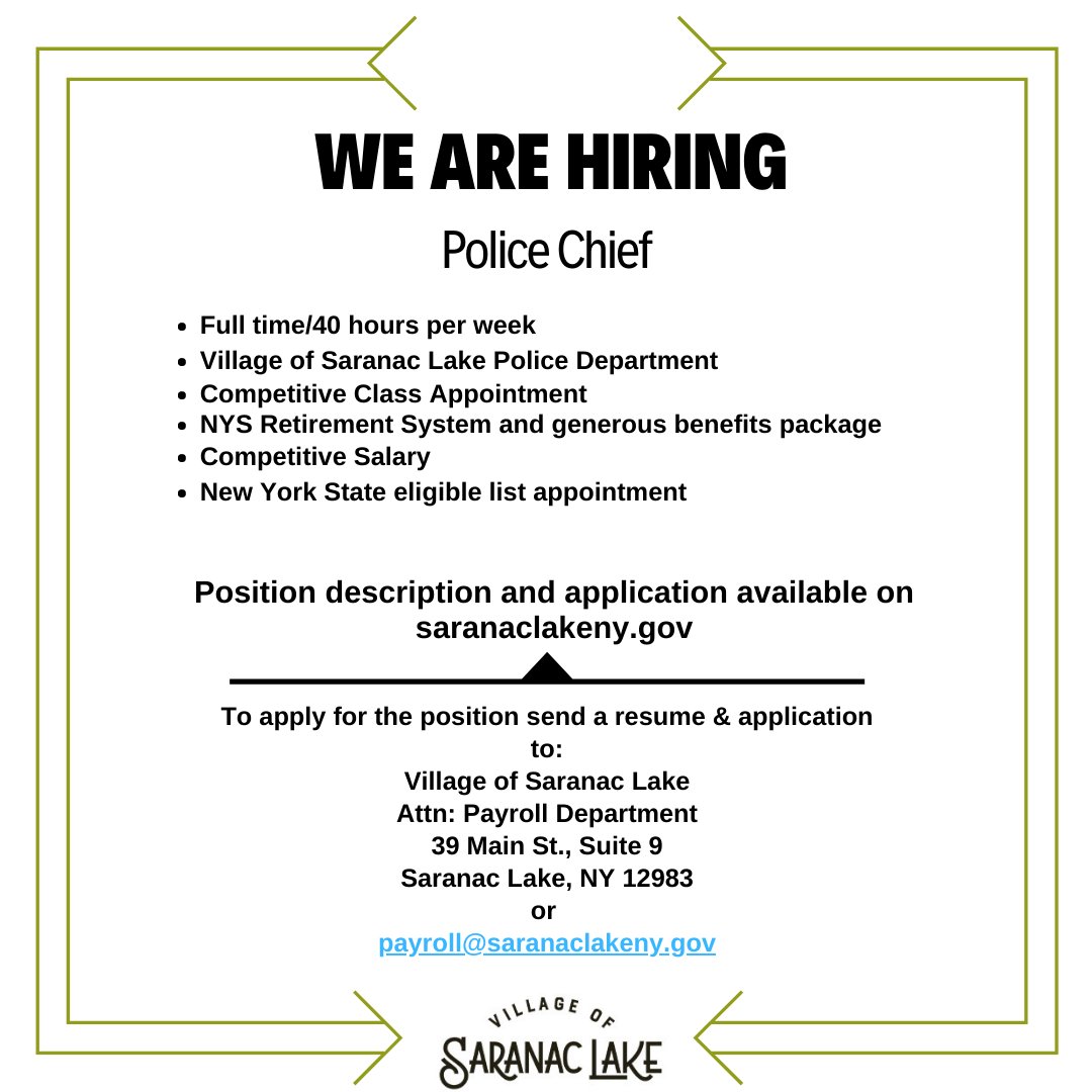 saranaclakegov's tweet photo. The Village is hiring for several open positions. Get into the NYS retirement system, work on a dedicated team, and earn competitive wages. For more information and an application, visit the Village website https://t.co/tD0HTBN0sp https://t.co/tEuWse5D8V