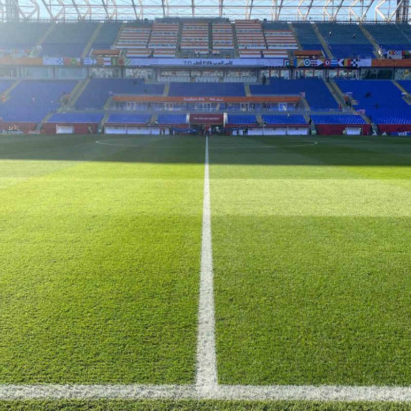 PitchmarkLtd's tweet photo. 📸 Some fantastic pictures of #Pitchmark paint used at Stadium 974 for the #FifaArabCup this week! 

We're always amazed to see our products used on the international stage 👏

Visit our website to learn more about Pitchmark's line marking paint and machinery 

#LineMarking