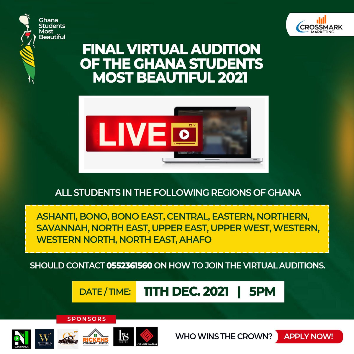 KwesiTonight's tweet photo. Are you Bold, Confident, Eloquent Beautiful and Talented? Then this is your Chance to showcase to the World..
The Ghana Students Most Beautiful Final Audition is here!!!
DREAM, BELIEVE AND ACHIEVE IT WITH GHANA STUDENTS MOST BEAUTIFUL TODAY!! #ItsFREEEE.. #GSMB2021 @Ghsmb_ https://t.co/EMYvlhU4wg