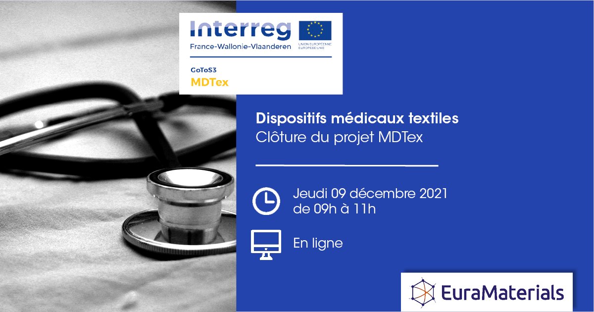 EuraMaterials's tweet photo. Vous êtes intéressés par les dispositifs médicaux #textiles ? 
Rejoignez-nous ce jeudi sur un plateau virtuel pour échanger sur cette thématique, dans le cadre du projet @mdtex_eu ⚕
Infos et inscription 👉 https://t.co/eLDeOzUcdH 
#medtech https://t.co/lzuR2y2Jfk