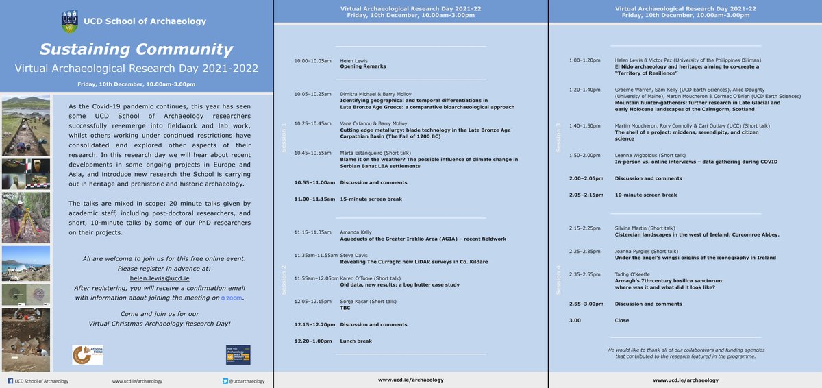 UCD Archaeology, Dublin (@ucdarchaeology) on Twitter photo Our annual Archaeology Research Day will be held on Dec 10 from 10-3 (Dublin time) - online. Everyone is very welcome to join us during the day; please email helen.lewis@ucd.ie to register for the zoom link. 
<a href="/ucdarchaeology/">UCD Archaeology, Dublin</a>, <a href="/ucddublin/">University College Dublin</a>, <a href="/ucd_global/">UCD Global</a>, <a href="/UCDArchSoc/">UCD Archaeology Society</a>, <a href="/IAIarchaeo/">Institute of Archaeologists of Ireland (IAI)</a> Our annual Archaeology Research Day will be held on Dec 10 from 10-3 (Dublin time) - online. Everyone is very welcome to join us during the day; please email helen.lewis@ucd.ie to register for the zoom link. 
<a href="/ucdarchaeology/">UCD Archaeology, Dublin</a>, <a href="/ucddublin/">University College Dublin</a>, <a href="/ucd_global/">UCD Global</a>, <a href="/UCDArchSoc/">UCD Archaeology Society</a>, <a href="/IAIarchaeo/">Institute of Archaeologists of Ireland (IAI)</a>