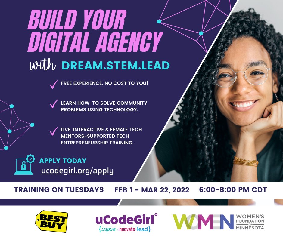 Hacking the Diversity Gap in Tech. 
Does creating solutions to real-world community problems interest you? Curious to explore possibilities in the T of STEM? Jump-start your guided technology entrepreneurship mentorship. Learn more &amp; apply at ucodegirl.org/apply <a href="/WomensFndnMN/">Women's Foundation of Minnesota</a>
