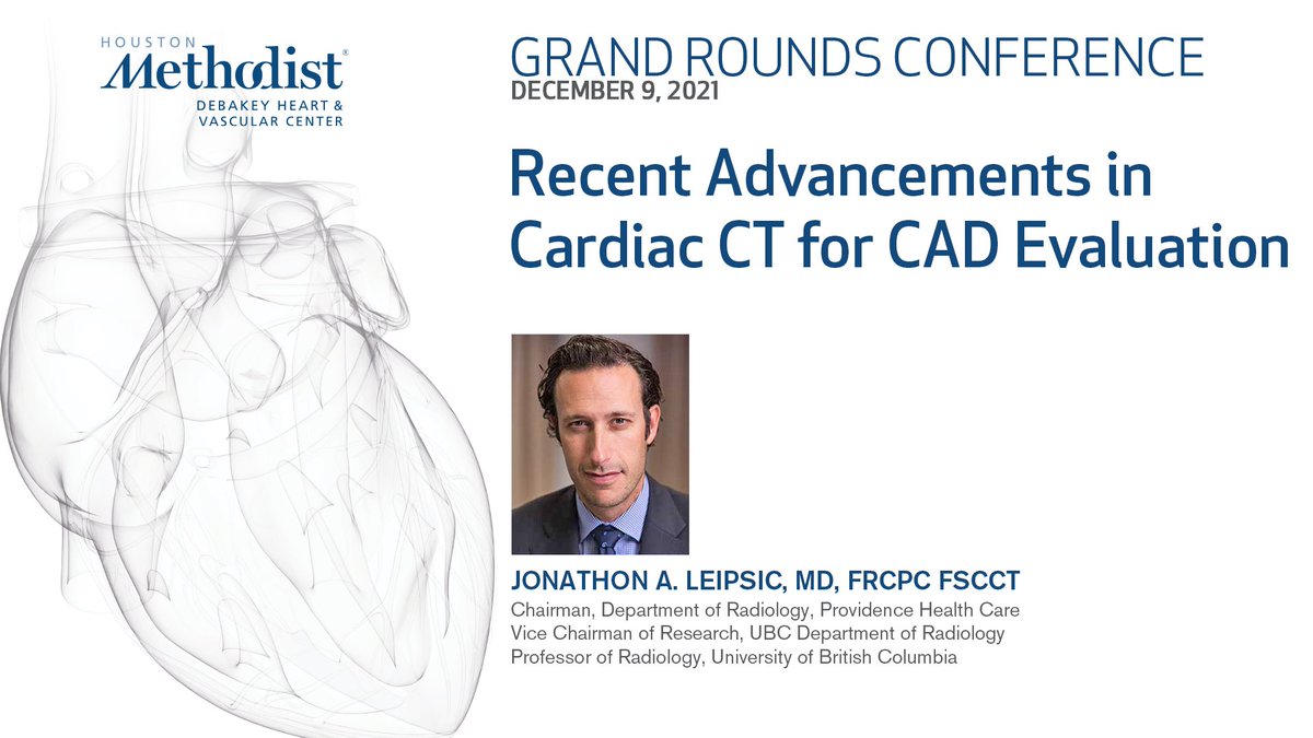 DeBakeyCVedu's tweet photo. Join us December 9 at 8am for this week’s #grandrounds Conference as Dr. Leipsic presents “Recent Advancements in #Cardiac #CT for CAD Evaluation.” #CardioTwitter #CVSciences #CardioEd
Watch it LIVE @ https://t.co/ijlkouBTQC https://t.co/c6uYh6yidU