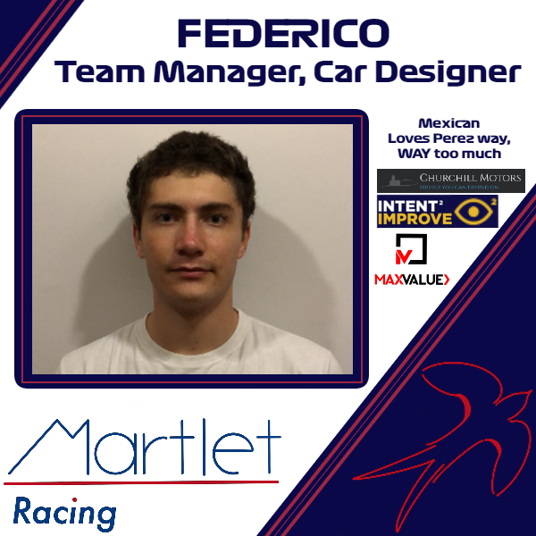 MartletRacing's tweet photo. Name: Federico  
Role in the team: Manager, Car Designer
Hobbies: Designing, Cars, "going out and seeing the world"
Favourite F1 driver: Sergio Perez 
@Stowe_DTE #F1inSchools #F1 https://t.co/mH7zU7zi3R
