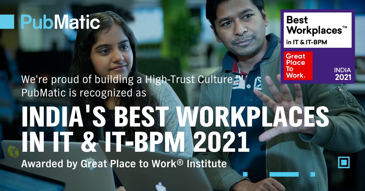 PubMatic's tweet photo. PubMatic India has been featured as @GPTW_India's Best Workplaces in IT & IT-BPM 2021 – three times in a row! Learn more about how you can join our team: https://t.co/BqRXlFf9yJ
#BestinIT #BestWorkplaces #GPTW4ALL https://t.co/IYEHBNyqZS