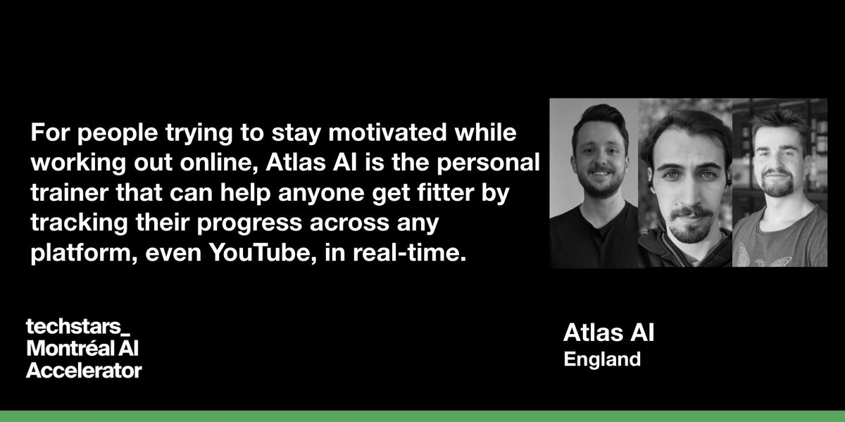 TechstarsMTL's tweet photo. We’ve had the best time working with the guys at Atlas AI! Come check out how their AI is keeping people motivated in their workouts! 

Demo Day is Wednesday: https://t.co/K0gCXDXE9x https://t.co/wyp3mFdHn8