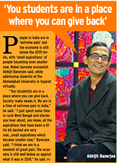 TOIStudent's tweet photo. In his virtual address to the students of Ahmedabad University in Gujarat,  #Nobel laureate economist #AbhijitBanerjee advised students to #give back. #Read more in today's issue.
#news #education #students #schools https://t.co/RVr1wSAi7u