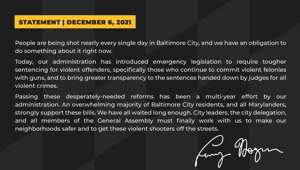 GovLarryHogan's tweet photo. People are being shot nearly every single day in Baltimore City, and we have an obligation to do something about it right now. My full statement on the introduction of the “Violent Firearms Offender Act” and “Judicial Transparency Act” as emergency legislation: https://t.co/Jp1MTwB4vR