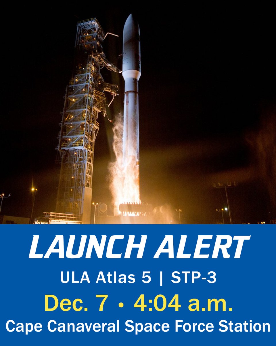 Titusville's tweet photo. An early morning alarm clock, courtesy of @ulalaunch! Wake up to a #rocket #launch at 4:04 a.m. on Dec. 7, as an #AtlasV lifts off on the @SpaceForceDoD STP-3 mission.
#LaunchFromHere
#SpaceCoast
#LoveWhereYouLive https://t.co/vHAlxuVyWe