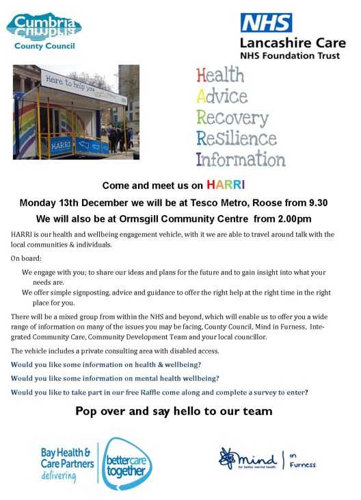 MorecambeBHCP's tweet photo. The @WeAreLSCFT HARRI van will be visiting #Roose and #Ormsgill next month to talk to local communities about #health and #wellbeing @mb_pcc @CumbriaCC @BarrowIcc @UHMBT @CumbriaCVS @BarrowCouncil @SouthLakelandDC @MorecambeBayCCG @LancasterCC @LancasterCVS @LancashireCC https://t.co/qq7pKAzO5u