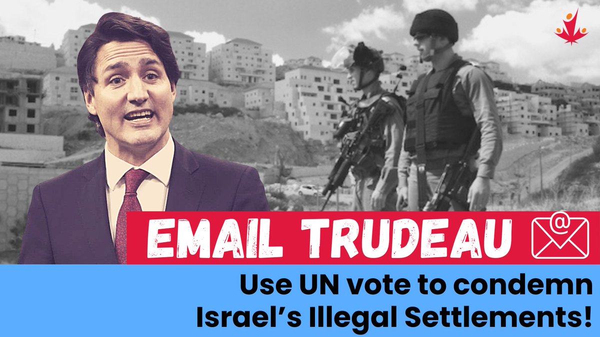 CJPME's tweet photo. In a few days, Canada is planning to vote AGAINST a UN motion to condemn Israel's illegal settlements. 

Tell @JustinTrudeau to uphold international law, and to stop protecting Israel from accountability: https://t.co/hhKIe6IS2D

@melaniejoly @CanadaUN @BobRae48 #cdnpoli https://t.co/LYTzpxOWV5