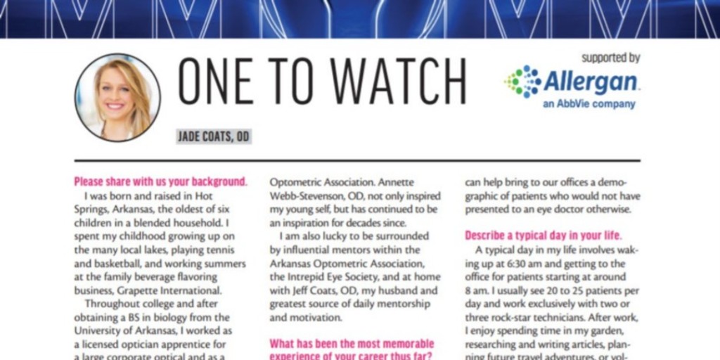 Congratulations 👏to Intrepid Eye Society member, Jade Coats, OD who was recently named the Allergan Eye Care 'One to Watch' in the October issue of Modern Optometry. 

Link: ow.ly/QfNm50GSE6u

<a href="/ModOptometry/">Modern Optometry</a> 
<a href="/WomenODs/">Women In Optometry</a> 
#optometry #onetowatch #intrepideyesociety