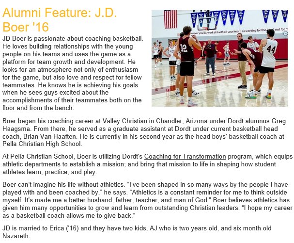 DordtHoops's tweet photo. Exciting to see alumni and former Dordt Hoops coach @JD_Boer highlighted as an Alumni Feature in the Alumni Newsletter. @PCEaglesHoops off to a 2-0 start. Keep up the great work Coach Boer living out the #DefenderWay https://t.co/gjBTVCAd4z