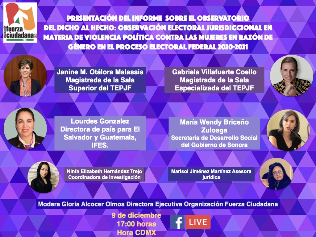 fzaciudadanaac's tweet photo. 💜 Nos vemos este 🗓 jueves 9 de diciembre ⏰ a las 17:00 (cdmx) para presentar resultados de nuestro observatorio "Del dicho al hecho" sobre la aplicación de la reforma en materia de #VPCM con invitadas de lujo 📌#FacebookLive de @OFCAC #16dias #16diasdeactivismo https://t.co/H3mFyolsGg