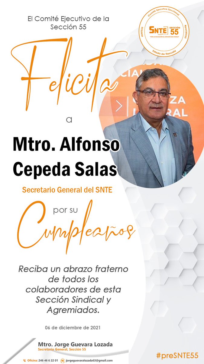 #preSNTE55 🎉🥳🎂

Felicitamos al Mtro. Alfonso Cepeda Salas, Secretario General del Sindicato Nacional de Trabajadores de la Educación #SNTE con motivo de su cumpleaños.

Reciba un abrazo de todos los agremiad@s de la #Sección55.

#ACS #JGL