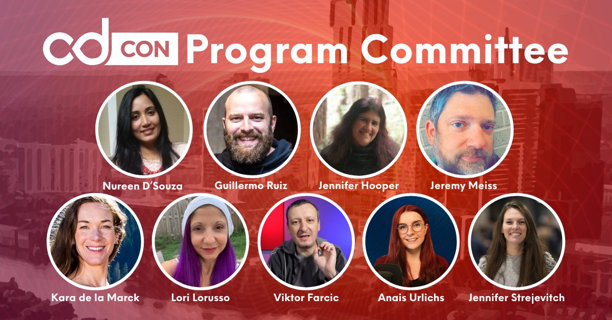 Continuous Delivery Foundation (CDF) (@cdeliveryfdn) on Twitter photo ICYMI: #cdCon is happening June 7-8, 2022 in Austin, TX + Virtual
Here's the Program Committee! ➡️ hubs.la/Q010kzxL0
PC Members: <a href="/urlichsanais/">Anaïs Urlichs</a>, <a href="/IaaSgeek/">Guillermo Ruiz</a>, <a href="/jenhoops12/">Jennifer Hooper</a>, <a href="/__Jenninha/">Jen Strejevitch</a>, <a href="/IAmJerdog/">Jeremy (#DevRel & #DevEx) 🇺🇲🇺🇦</a>, <a href="/LoriLorusso/">Lori Lorusso 😈👩🏽💻💃🏽🏝️</a>, <a href="/vfarcic/">Viktor Farcic</a>, Nureen D'Souza, and chair <a href="/KaraMarck/">Kara de la Marck | @KaradelaMarck@mastodon.social</a> ICYMI: #cdCon is happening June 7-8, 2022 in Austin, TX + Virtual
Here's the Program Committee! ➡️ hubs.la/Q010kzxL0
PC Members: <a href="/urlichsanais/">Anaïs Urlichs</a>, <a href="/IaaSgeek/">Guillermo Ruiz</a>, <a href="/jenhoops12/">Jennifer Hooper</a>, <a href="/__Jenninha/">Jen Strejevitch</a>, <a href="/IAmJerdog/">Jeremy (#DevRel & #DevEx) 🇺🇲🇺🇦</a>, <a href="/LoriLorusso/">Lori Lorusso 😈👩🏽💻💃🏽🏝️</a>, <a href="/vfarcic/">Viktor Farcic</a>, Nureen D'Souza, and chair <a href="/KaraMarck/">Kara de la Marck | @KaradelaMarck@mastodon.social</a>