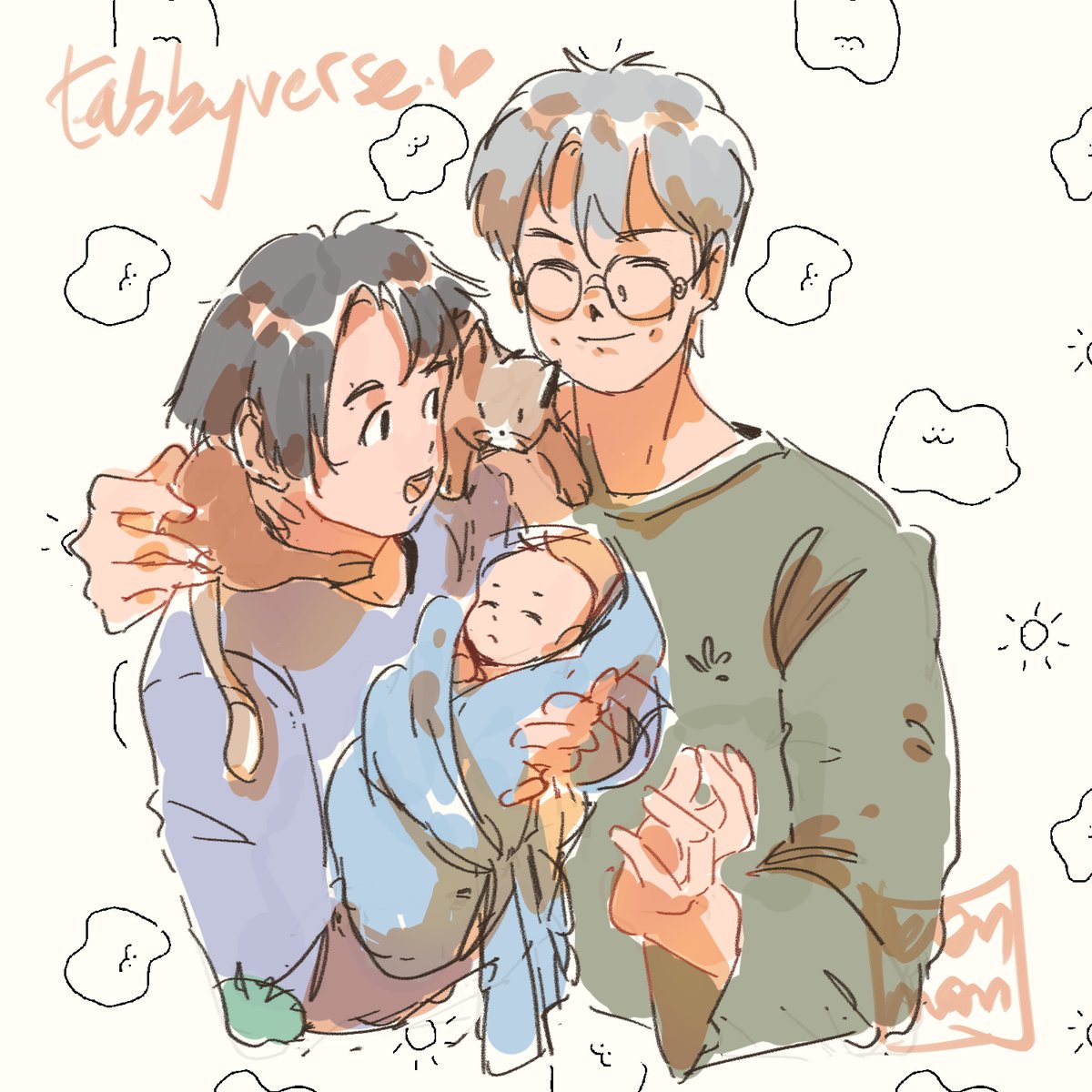 eonmono's tweet photo. namkook introducing their son to their tabby cat. 
@numbcook this one for youuu happy birthday ily 

and yall should read tabbyverse on ao3 🐱🐨🐰👶🏼 https://t.co/Bw4ZYcdDYp