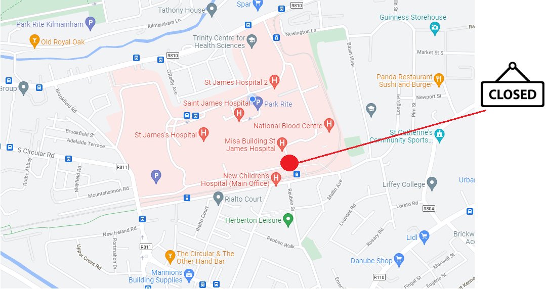 stjamesdublin's tweet photo. 📣Staff, Patients &amp; Service Users📣

The hospital gate beside the Fatima Luas stop will be closed from Sunday 12 December 7pm - Saturday 18 December 7am to allow Gas Network Ireland to carry out repairs

If travelling to the hospital please use the Rialto or James's St entrance https://t.co/Q8mOymXugy