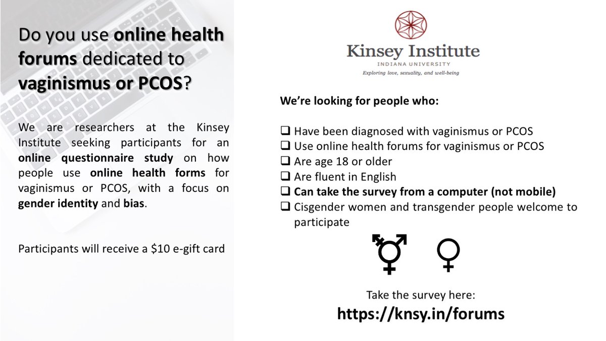 Kinsey Institute at IU (@kinseyinstitute) on Twitter photo .<a href="/kinseyinstitute/">Kinsey Institute at IU</a> researchers are seeking participants who use online health forums for PCOS or vaginismus. Help us move science forward! Take the survey from a computer (mobile incompatible) here: knsy.in/forums .<a href="/kinseyinstitute/">Kinsey Institute at IU</a> researchers are seeking participants who use online health forums for PCOS or vaginismus. Help us move science forward! Take the survey from a computer (mobile incompatible) here: knsy.in/forums