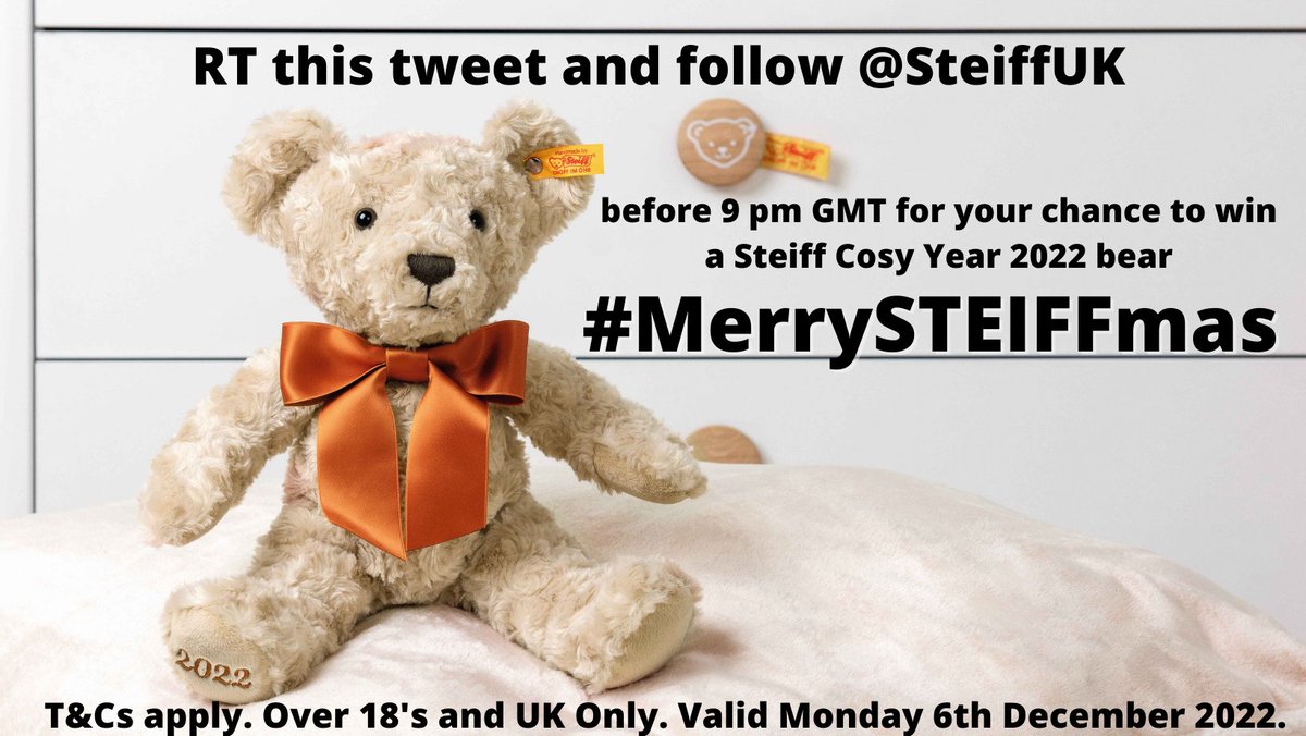 RT this tweet and follow <a href="/SteiffUK/">Steiff UK</a> before 9:00pm today (6th December) to win your very own Cosy Year Bear 2022 T&amp;Cs here bit.ly/3lqyXyk   #MerrySTEIFFmas