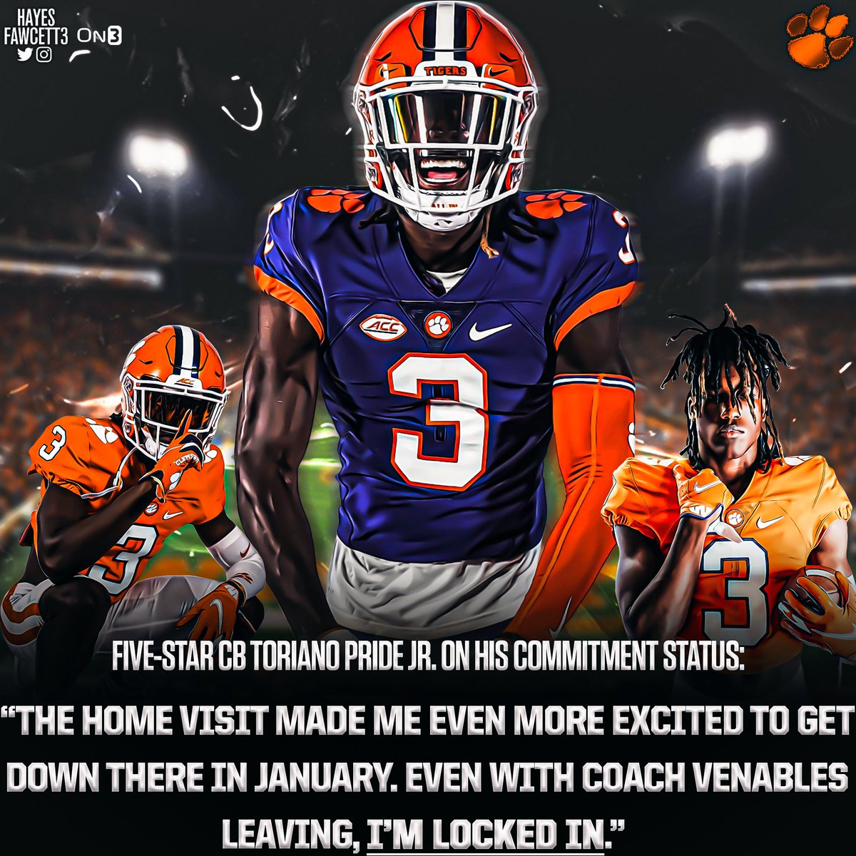 Toriano Pride Jr. is staying locked in with Clemson, despite the news of Brent Venables taking the HC job at Oklahoma.

He is ranked as the No. 14 player in the 2022 Class (#1 CB) according to the On300 Rankings.

More Here (FREE): on3.com/college/clemso…
