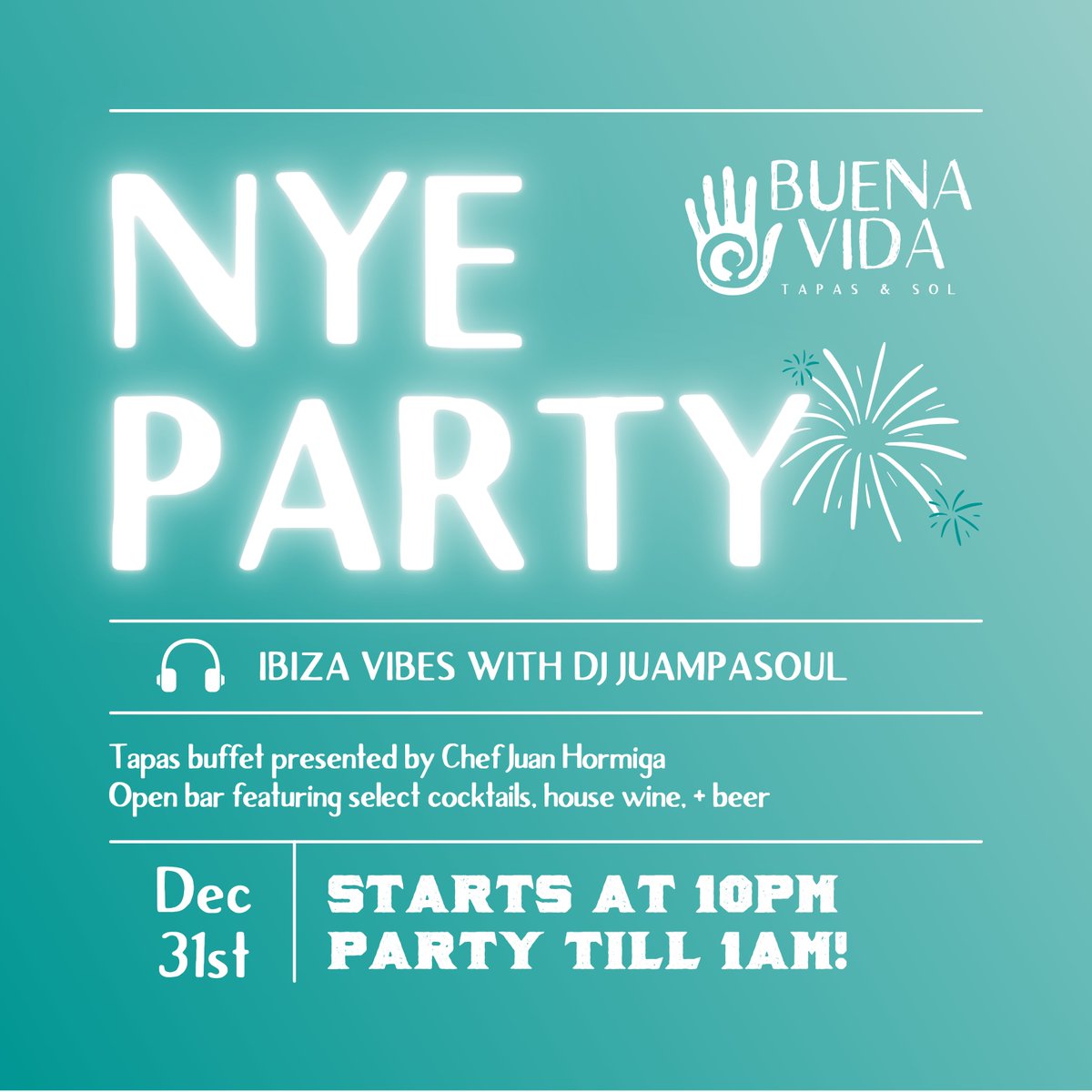 🎉 Buena Vida is hosting a NYE PARTY - save the date 🎉 Early bird tickets are limited, so act fast 💥

🎶 Ibiza vibes with DJ Juampasoul 🎧 
🥂 Open bar
👨‍🍳 Tapas buffet presented by Chef Juan Hormiga
🗓️ December 31st
⏰ 10PM - 1AM 

bit.ly/3riLoQA