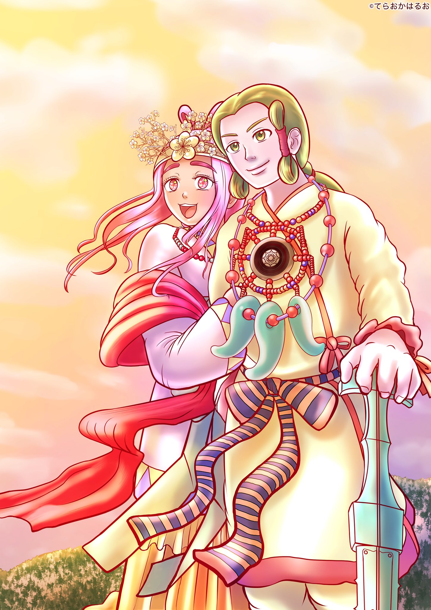 てらおかはるお 今回 公益社団法人 青少年育成支援 大和の心 主催の 大和の心フェスタ In 霧島 にて イラストを描かせて頂きました イラストは日本神話の ニニギノミコト とその妻 コノハナサクヤヒメ です 瓊瓊杵尊 木花咲耶姫 霧島