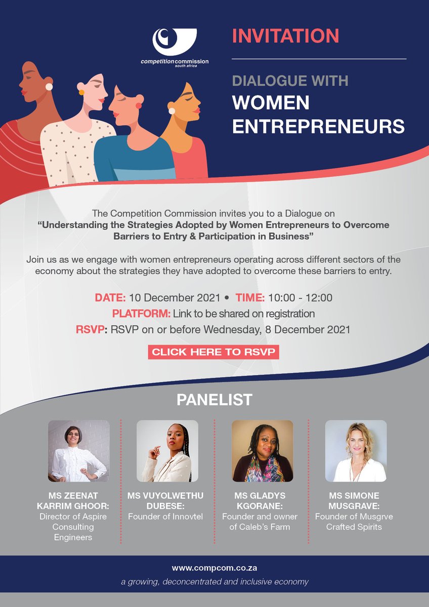Invitation : Dialogue with women entrepreneurs

Join us as we engage with women entrepreneurs operating across different sectors of the economy about strategies they adopted to overcome these barriers to entry.

Date: 10 December 2021
Time: 10:00 - 12:00