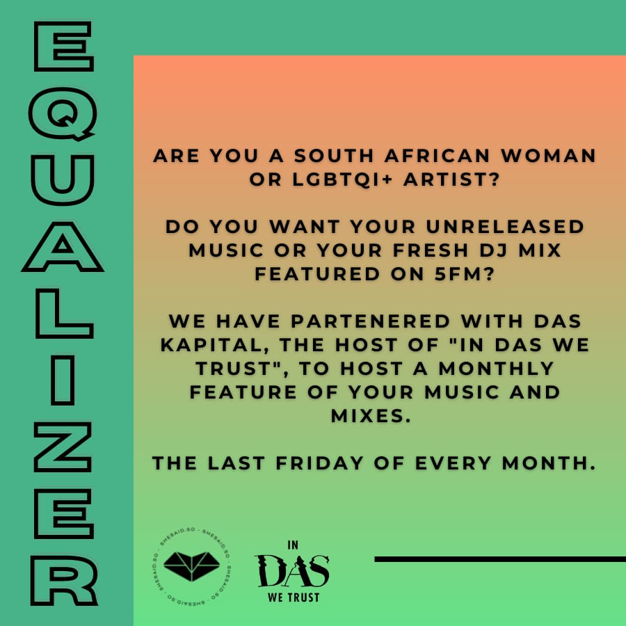 iamDasKapital's tweet photo. Calling all WOMEN and LGBTQI+ South African DJs and producers —

Send in your music + mixes for EQUALIZER - the new monthly initiative by @shesaid_so @shesaidso_za and me.

We want to amplify you, and play your music on my @5FM shows.

SUBMISSION LINK IN BIO 📡 https://t.co/XuqEMQFn8S