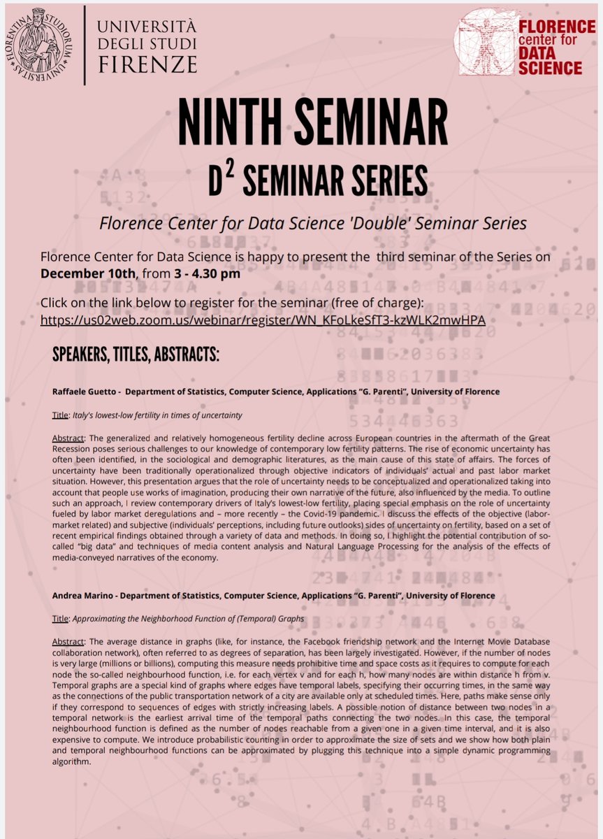 DataScienceFLR's tweet image. #SaveTheDate! Next Friday #10December we invite you to our 9th #D2Seminar with Raffaele Guetto and Andrea Marino from #DISIA, the dept of Statistics of @UNI_FIRENZE.
Join us at 3 until 4.30 pm.
You'll find the free registration form in the link below: 
bit.ly/3GiTL2R